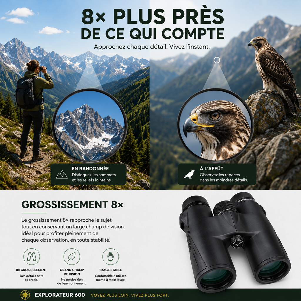 Jumelles 8x42 pour randonnée, ornithologie et observation des oiseaux - Explorateur 600