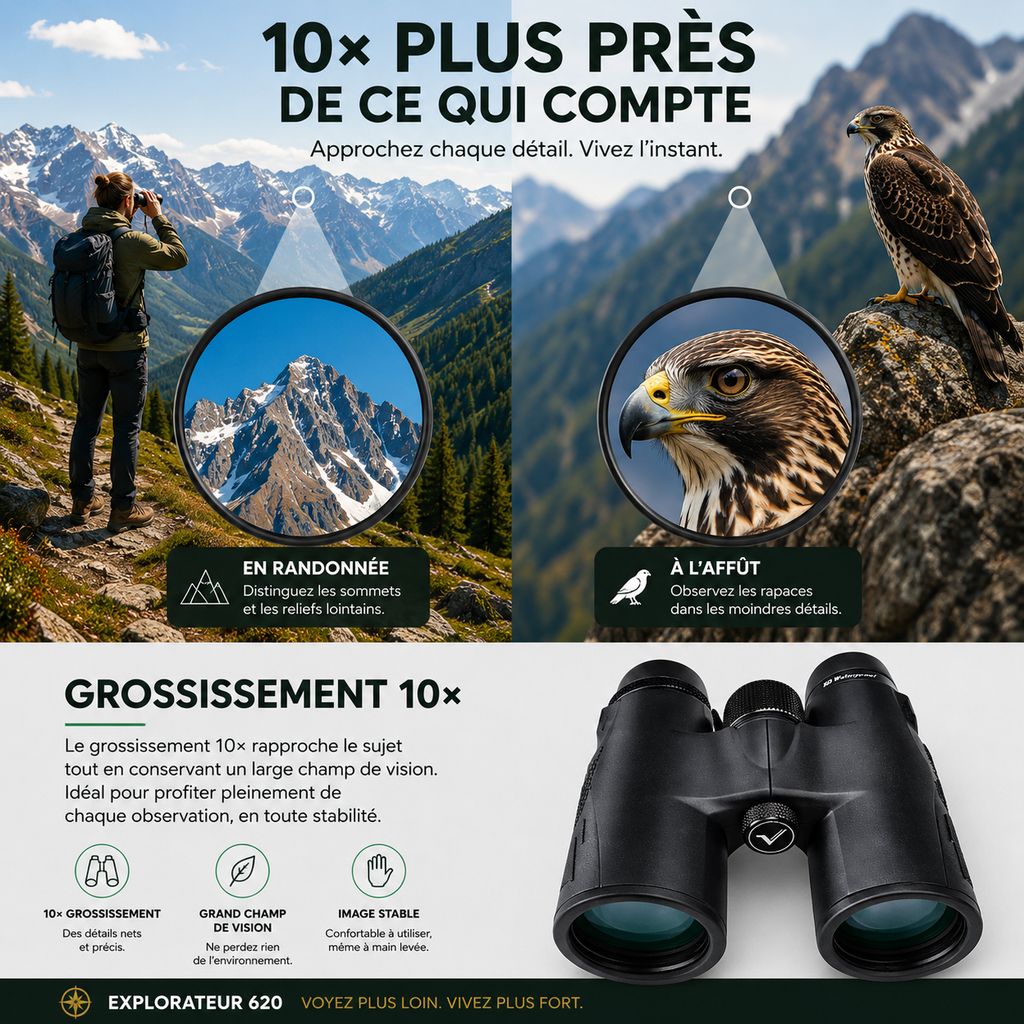 Jumelles 10x42 pour randonnée, ornithologie et observation des oiseaux - Explorateur 620